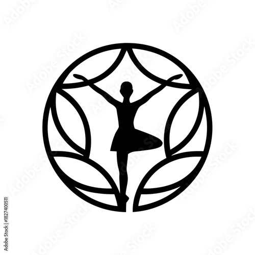 A delicate minimalist line icon of a ballerina standing in an arabesque pose on pointe shoes, symbolizing grace and lightness.