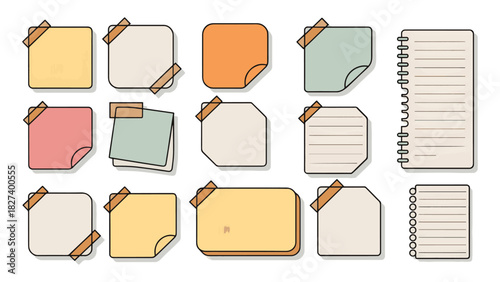 Colorful Sticky Notes and Notebook Paper Vector Set Digital Planner and Memo Elements