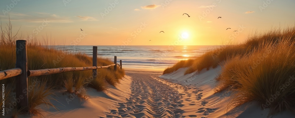 Naklejka premium Footprints trail across sand towards the ocean. Coastal pathway leads to the sea under a golden sunset sky. Nature illustration features beach grass and wooden fence.