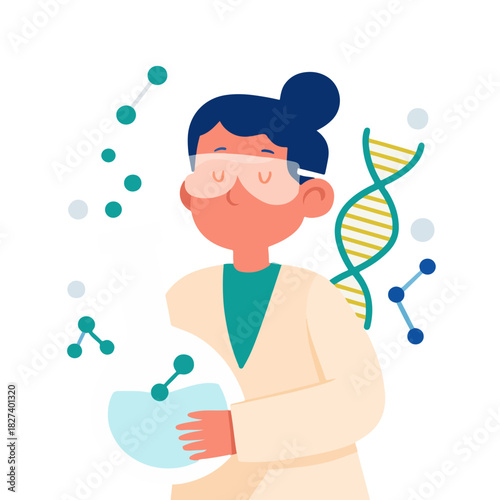 Female Scientist Examining DNA and Molecules Illustration