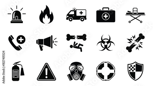 Safety, emergency, and hazard silhouette icons isolated on white background, Vector