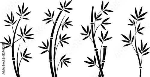 Bamboo plant silhouette collection, elegant bamboo stems and leaves vector illustration for nature design, decoration, botanical art, cad drawing flat vector illustration