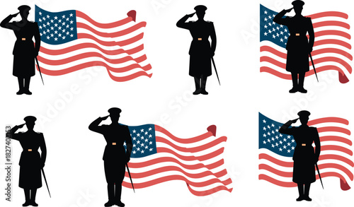 “American soldier silhouette saluting with waving USA flag, patriotic military vector illustration set honoring veterans, armed forces, and cad drawing flat vector illustration”