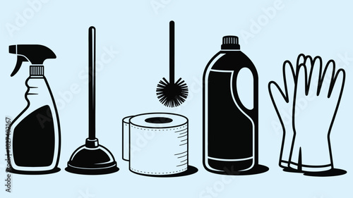 collection of cleaning supplies and tools, vector illustration set featuring cleaning equipment, gloves, brushes, sprays, and buckets, suitable for home, office, commercial cleaning, and professional.
