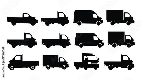 Commercial vehicle silhouettes set isolated on white background, Vector
