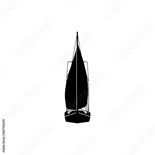 Silhouette of a sailboat viewed from above, sailing on the water and the ocean