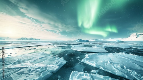 Stunning ice landscape under aurora glow.