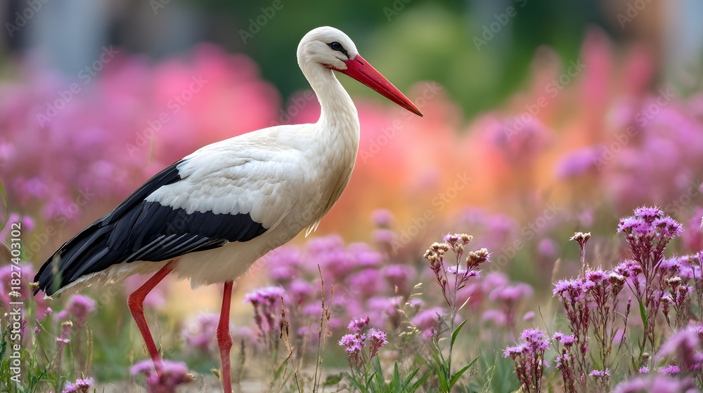 Fototapeta premium Elegant White Stork Standing Gracefully Amidst a Vibrant Field of Purple Flowers.