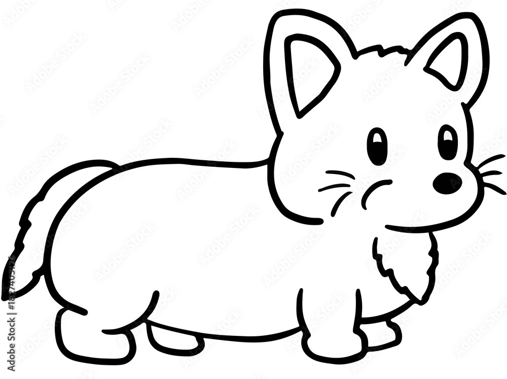 Obraz premium Cute hand drawn corgi puppy outline for colouring book, decoration, dog cartoon, characters, comic, pet shop, vet, adopt and rescue animal, foster home, shelter, house, furniture, park, yard, playtime