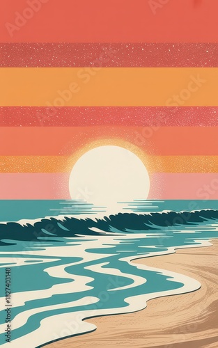 Retro-styled sunset beach illustration