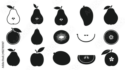 Monochromatic fruit silhouettes collection isolated on white background, Vector