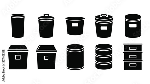 Various bin and storage container silhouettes isolated on white background, Vector