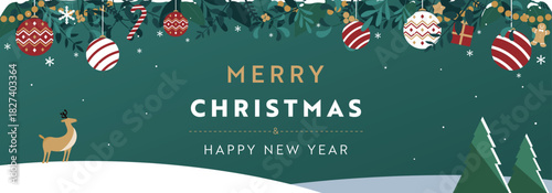 クリスマスオーナメントとトナカイで飾られたクリスマスのバナー背景テンプレート（緑）　Christmas banner background template decorated with Christmas ornaments and reindeer (green)