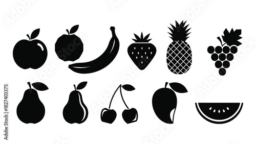 Fruit silhouette icons set isolated on white background, Vector