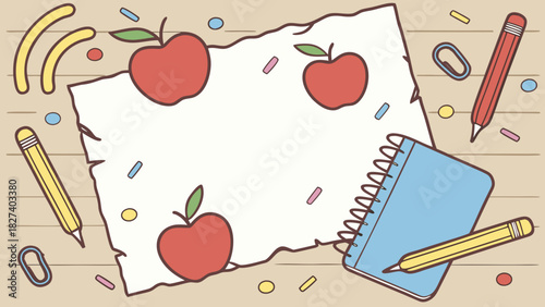 A flat lay illustration of a white piece of paper (or whiteboard) with torn edges, serving as central copy space. It's surrounded by various school supplies, including red apples, colorful pencils.