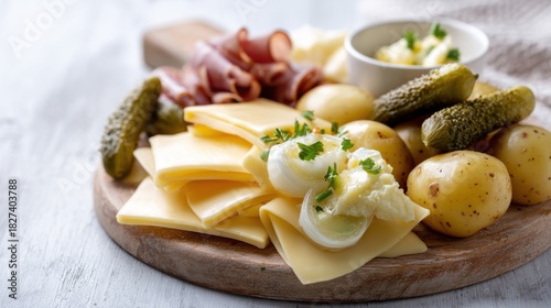 Assortment of Cheeses with Cured Meats Pickles and Boiled Potatoes Served on a Wooden Board