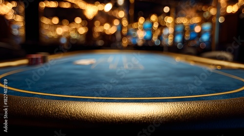 Empty poker table in a vibrant casino with blurred lights.
