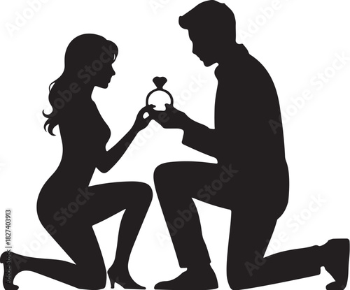 Silhouette of a man proposing to a woman with a ring