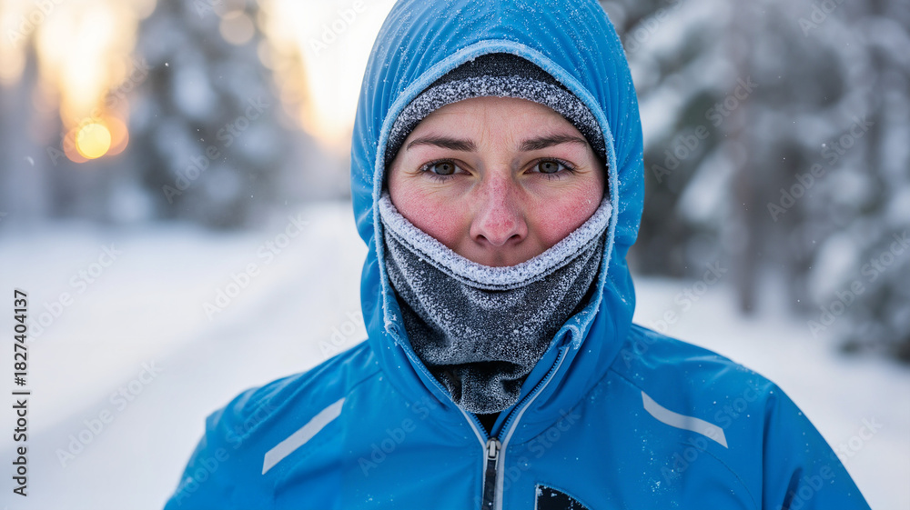 Obraz premium Young woman wearing blue winter jacket in snowy forest outdoors 