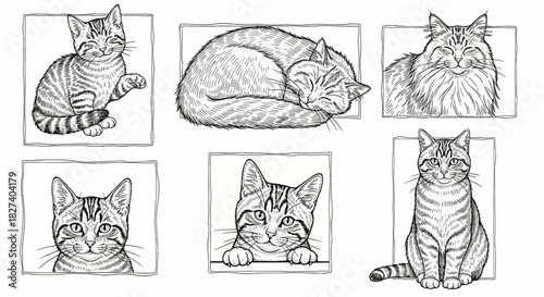 cats drawing collection. Hand drawn cat sketch. Vector illustration. Engraved style
