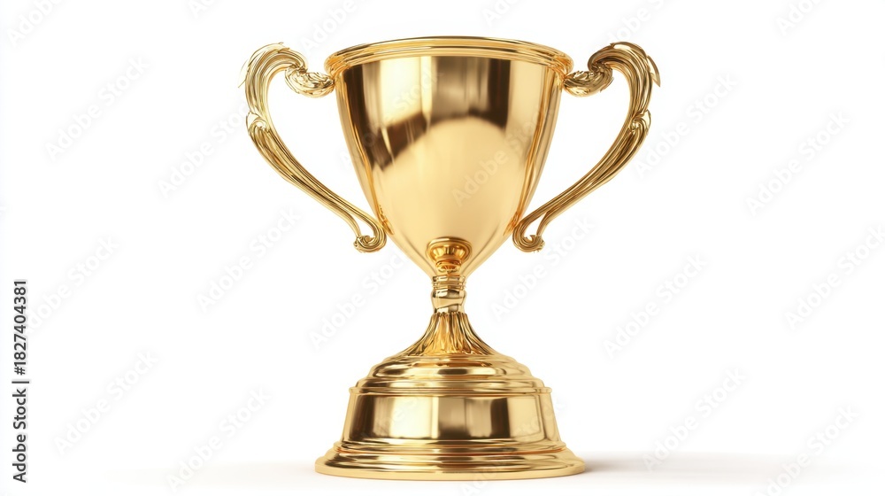 Fototapeta premium A shiny golden trophy stands prominently on a white background. Its intricate design and sturdy base symbolize recognition for outstanding achievement in various competitions or events.