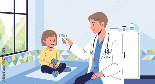Doctor checking a child’s temperature with a digital thermometer during a routine checkup. Ideal for pediatric health education, clinic visuals, and medical care illustrations