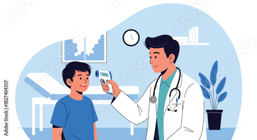 Doctor checking a child’s temperature with a digital thermometer during a routine checkup. Ideal for pediatric health education, clinic visuals, and medical care illustrations