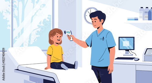 Doctor checking a child’s temperature with a digital thermometer during a routine checkup. Ideal for pediatric health education, clinic visuals, and medical care illustrations