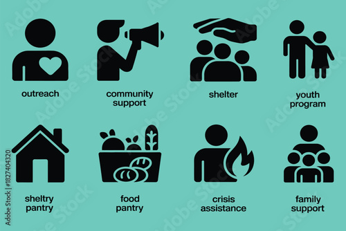 community support icons, vector set featuring outreach, shelter, food distribution, and family aid symbols, suitable for social welfare campaigns, nonprofit communications, volunteer programs.