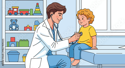 Pediatrician listening to a child’s heartbeat with a stethoscope during a friendly health examination. Ideal for clinic visuals and children’s healthcare illustrations