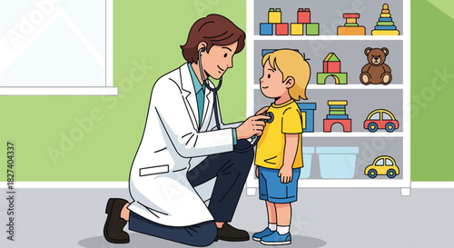 Pediatrician listening to a child’s heartbeat with a stethoscope during a friendly health examination. Ideal for clinic visuals and children’s healthcare illustrations