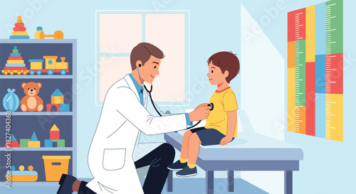 Pediatrician listening to a child’s heartbeat with a stethoscope during a friendly health examination. Ideal for clinic visuals and children’s healthcare illustrations
