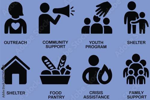community support icons, including outreach, shelter, food assistance, and family aid, perfect for social services, nonprofit organizations, charity projects, and vector illustration design.