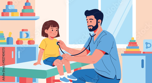 Pediatrician listening to a child’s heartbeat with a stethoscope during a friendly health examination. Ideal for clinic visuals and children’s healthcare illustrations