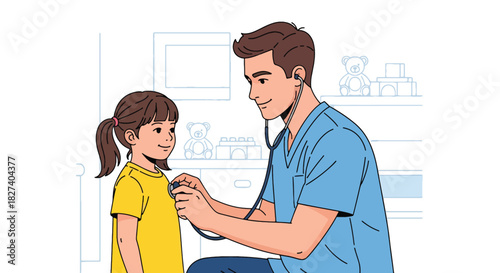 Pediatrician listening to a child’s heartbeat with a stethoscope during a friendly health examination. Ideal for clinic visuals and children’s healthcare illustrations