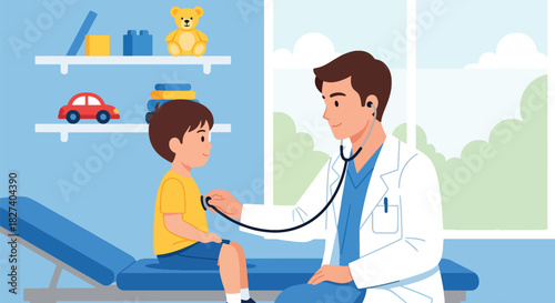 Pediatrician listening to a child’s heartbeat with a stethoscope during a friendly health examination. Ideal for clinic visuals and children’s healthcare illustrations