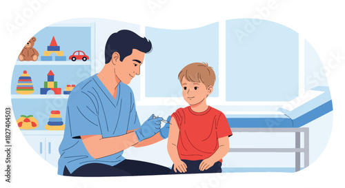 Doctor administering a vaccination shot to a calm child during routine immunization. Ideal for pediatric health campaigns and clinic education visuals