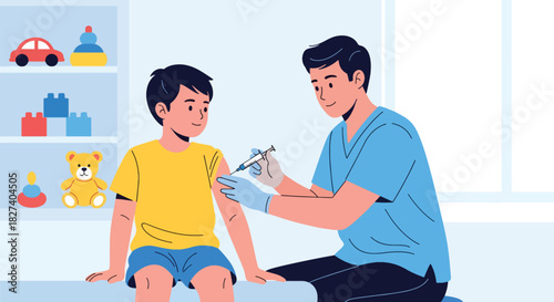 Doctor administering a vaccination shot to a calm child during routine immunization. Ideal for pediatric health campaigns and clinic education visuals
