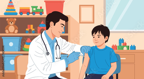 Doctor administering a vaccination shot to a calm child during routine immunization. Ideal for pediatric health campaigns and clinic education visuals