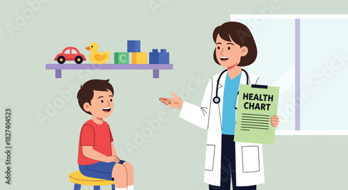 Doctor showing health tips to a child using a simple educational chart. Ideal for hygiene learning visuals, pediatric health campaigns, and school wellness materials