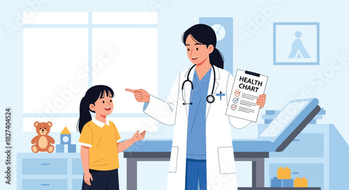 Doctor showing health tips to a child using a simple educational chart. Ideal for hygiene learning visuals, pediatric health campaigns, and school wellness materials