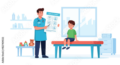 Doctor showing health tips to a child using a simple educational chart. Ideal for hygiene learning visuals, pediatric health campaigns, and school wellness materials
