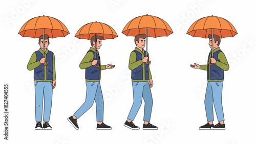 Four cartoon men with orange umbrellas in different poses, walking and standing, depicted in a vector illustration.