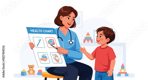 Doctor showing health tips to a child using a simple educational chart. Ideal for hygiene learning visuals, pediatric health campaigns, and school wellness materials