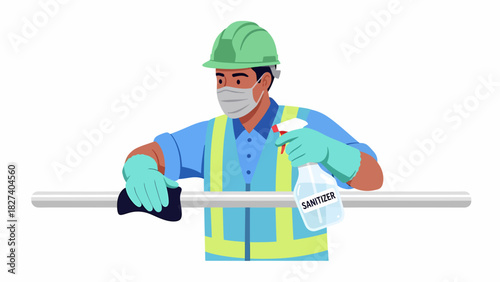 An industrial worker wearing a hard hat, face mask, and gloves sanitizes a metal railing with a spray bottle and cloth.