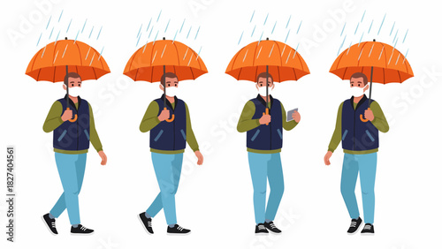 A collection of four illustrations of a man wearing a face mask and walking under an orange umbrella in the rain.
