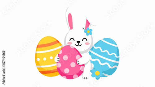 Cute white bunny holding a pink Easter egg with two other decorated eggs beside it, celebrating the holiday.