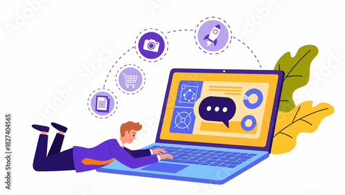 A person lying down using a laptop with various icons floating above, representing online activity.