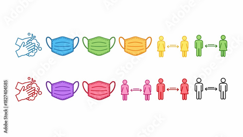 Colorful vector icon set illustrating public health guidelines like hand washing, wearing face masks, and social distancing.