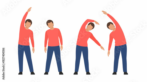 Four illustrations of a man in red shirt and blue pants doing side stretches.